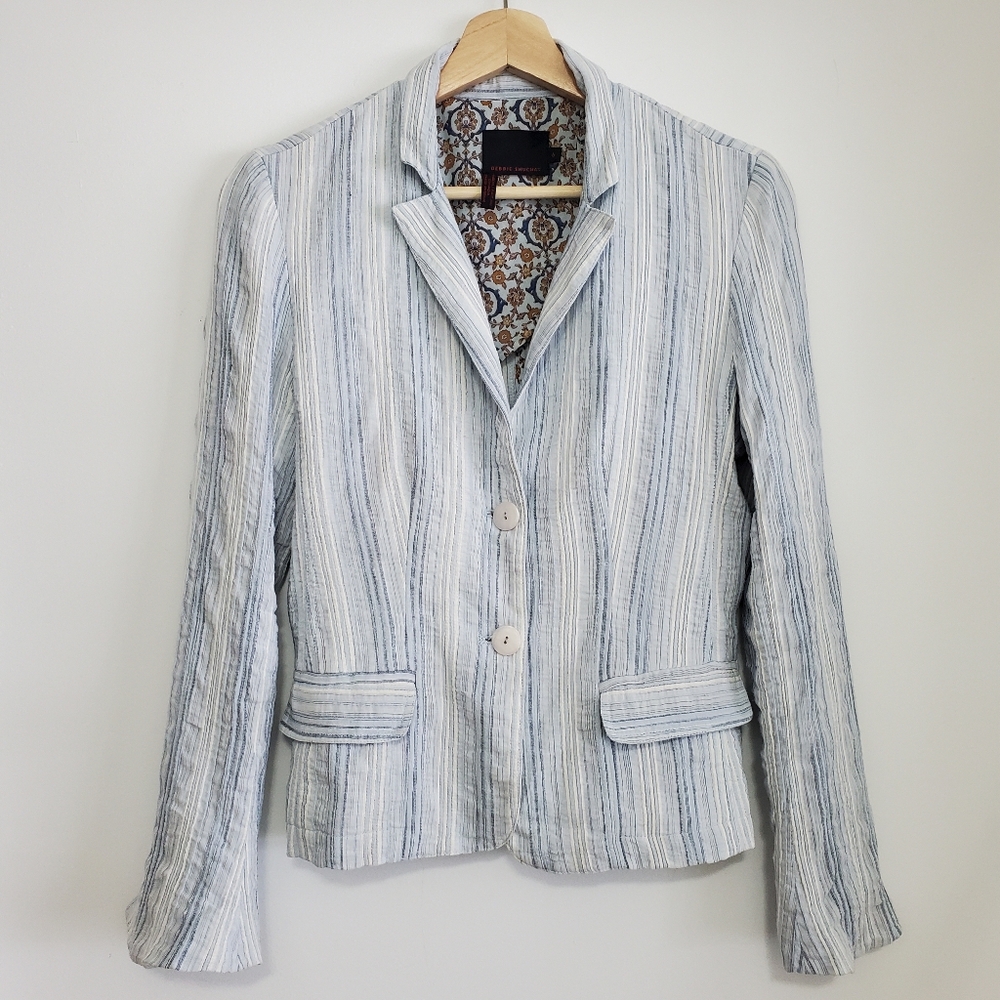 Debbie Shuchat XS Blazer Linen Light Blue Stripe Fitted Blazer Coat Flowers Boho